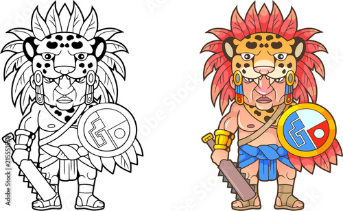 cartoon funny Aztec warrior, design coloring book