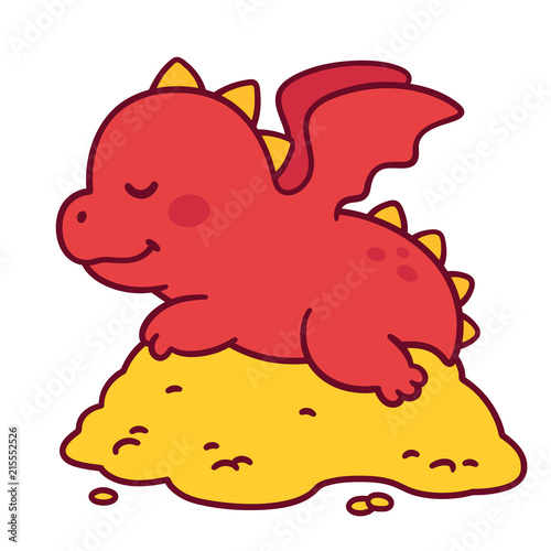 Cute cartoon dragon guarding treasures