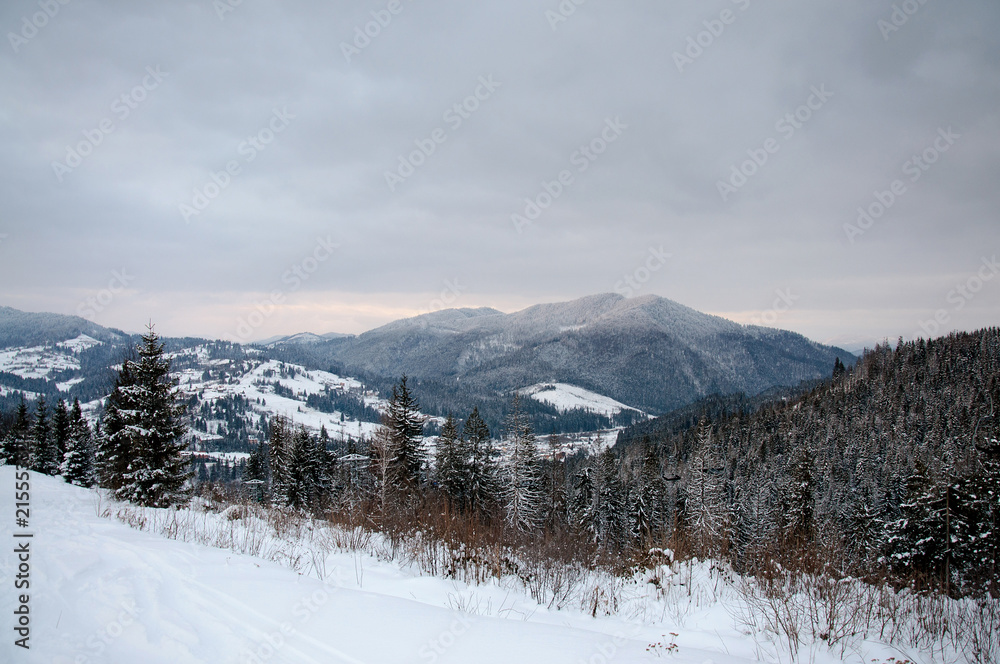 View Carpathian mountains. On background of forest and ski slopes. Close up. Winter nature. Heavy snow falls. Landscape. Panorama.
