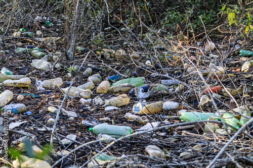 Garbage of all kinds, plastic bottles, styrofoam, rubber, aluminum and glass cans, environmental pollution in Brazilian mangrove, serious ecological problem. Guaratiba - Rio de Janeiro.