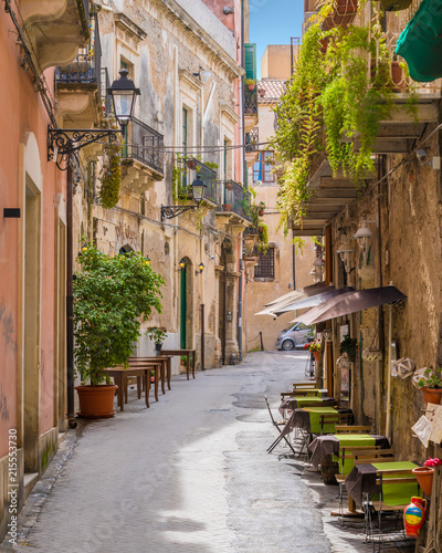 A narrow and picturesque road in Ortigia  Siracusa  in the region of Sicily  Italy.