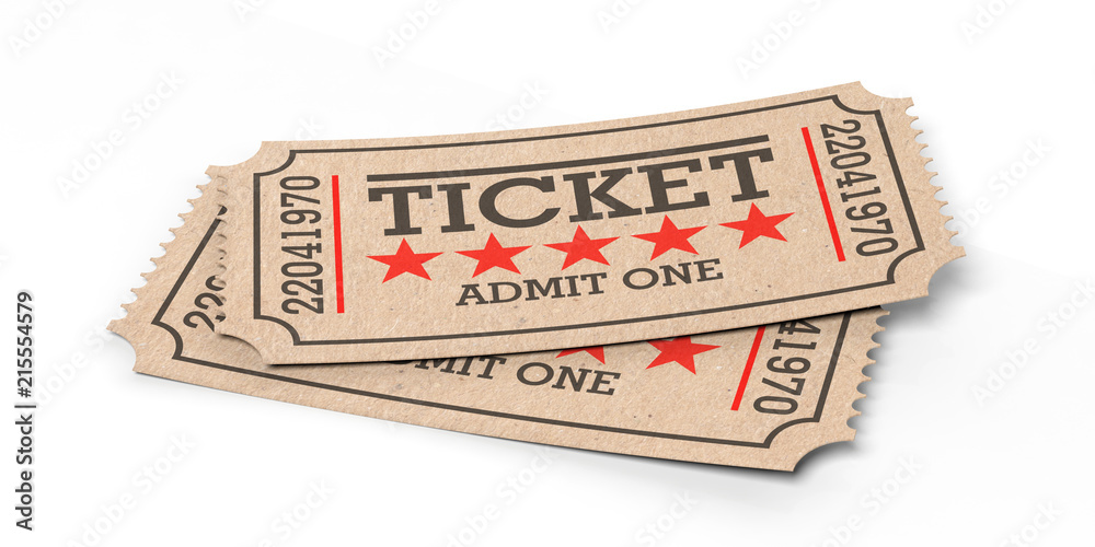 Fototapeta premium Cinema old type tickets beige isolated recycle on a white background, 3d illustration.