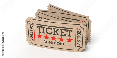 Cinema old type tickets beige isolated recycle on a white background, 3d illustration. photo