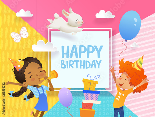 Joyous Boy and girl in birthday hats happily jump. Vector Illustration of a Happy Birthday Greeting Card with balloons, cute rabbits, a bunch of presents on the background.