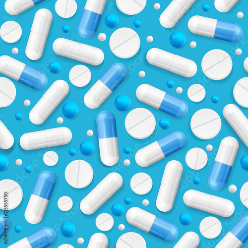 Realistic Detailed 3d Pills and Vitamins Seamless Pattern Background. Vector