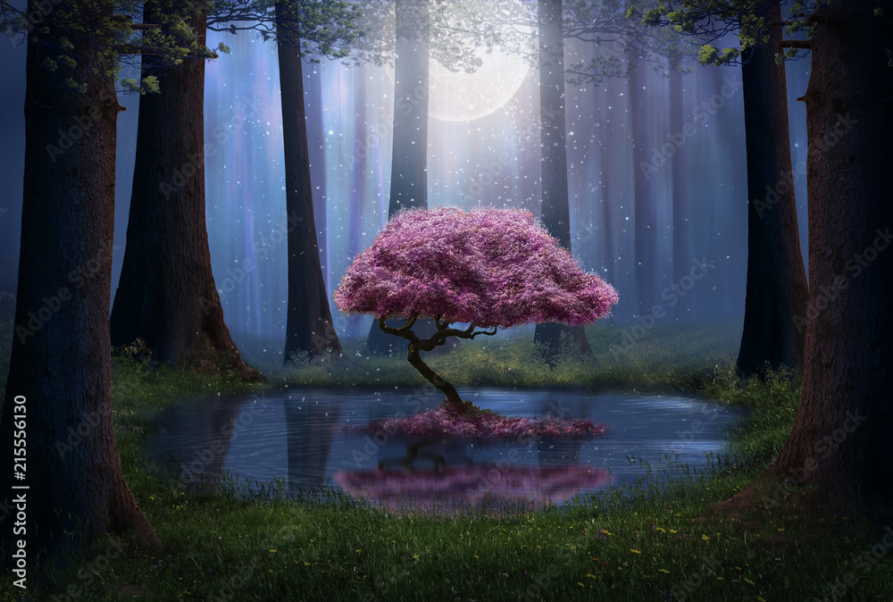 Fantasy pink tree in the forest - obrazy, fototapety, plakaty 