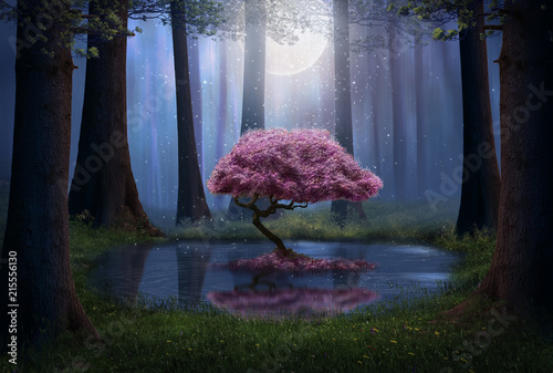 Fantasy pink tree in the forest