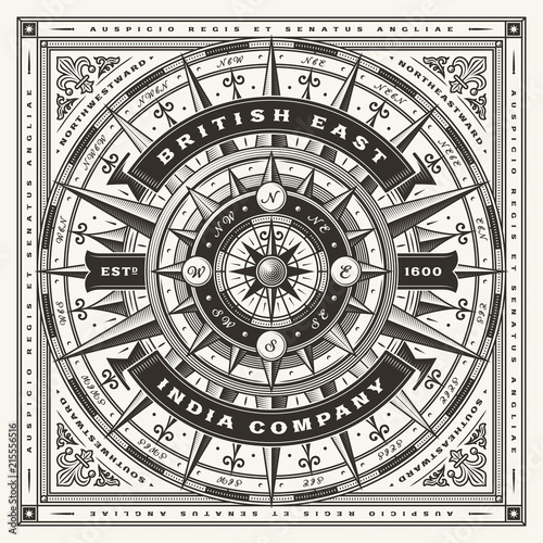 Vintage British East India Company Nautical Typography (One Color). T-shirt and label graphics in woodcut style. Editable EPS10 vector illustration.