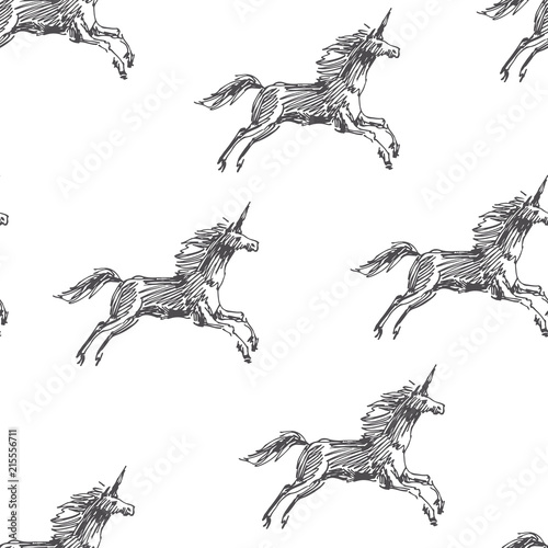 Vector seamless pattern with running unicorn. Hand drawn fantasy texture. Magic character in sketch style