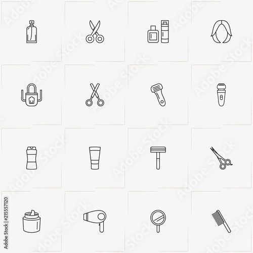 Barbershop line icon set with razor, comb and apron