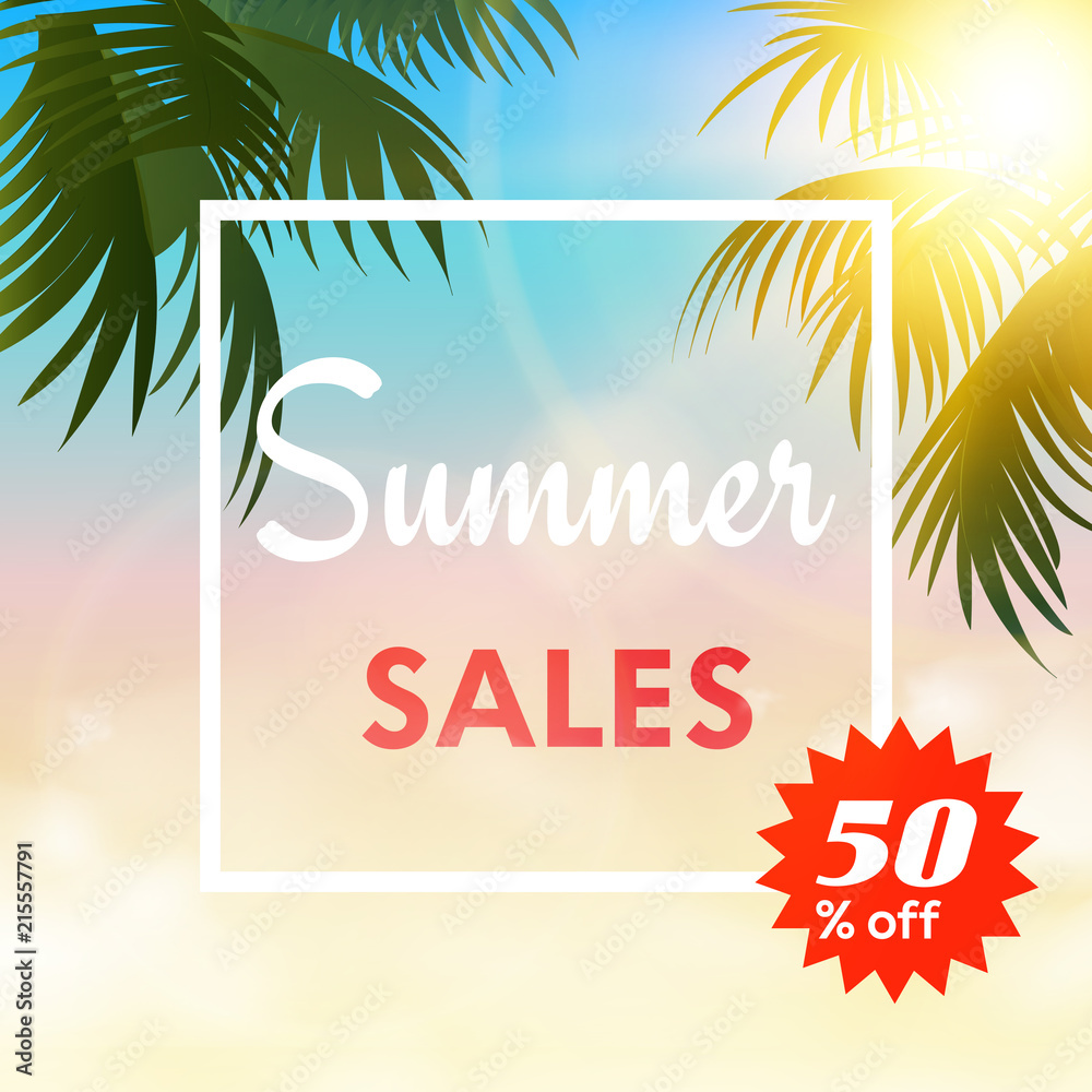 Summer sales background with palm tree leaves. Vector