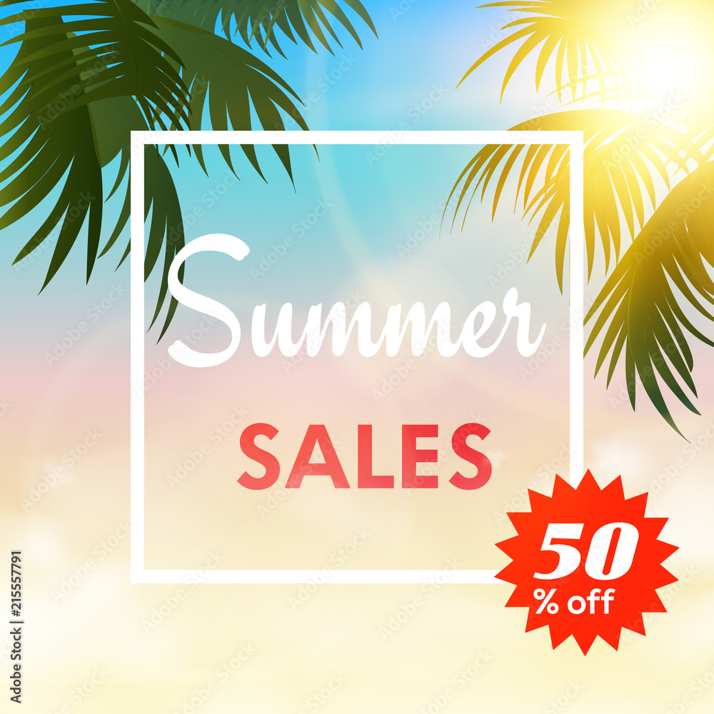 Obraz premium Summer sales background with palm tree leaves. Vector