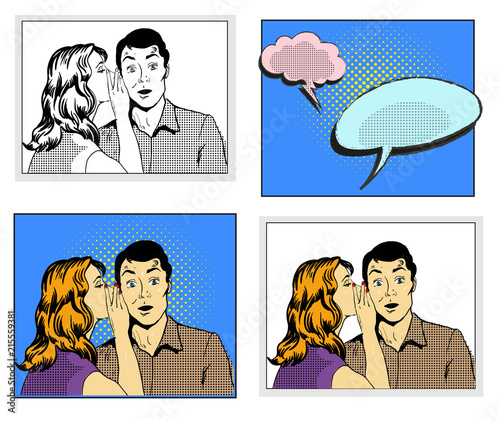 Man and woman whisper pop art comic retro style vector illustration in black and white and colorful versions with speech bubbles on halftone background. Pop art comic illustrations set.