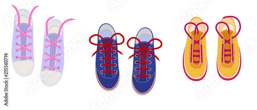 Shoelaces on snickers vector shoestring or shoe-laces and fashion accessory for footwear or footgear illustration set of shoes strings knot or ropeisolated on white background
