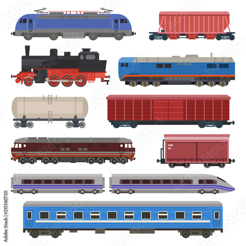 Train vector railway transport locomotive or wagon and subway or metro transportation illustration set of transportable vehicle or carriage on railroad station isolated on white background