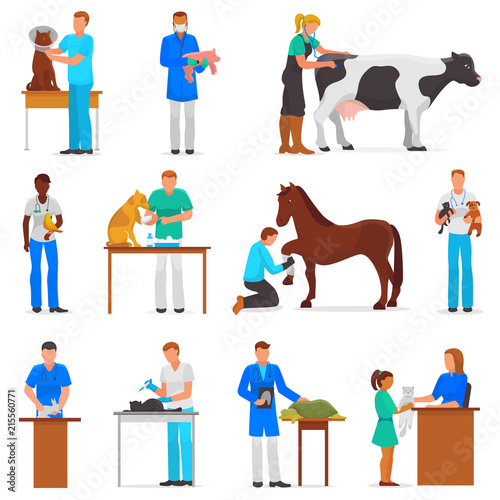 Veterinary vector veterinarian doctor man or woman treating pet patients cat or dog illustration set of vet people with animalistic characters in vetclinic isolated on white background