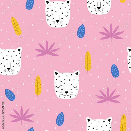 Tropical leaves and leopard faces seamless pattern. Vector hand drawn illustration.