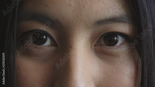 close up beautiful asian woman eyes opening awake looking at camera aware photo