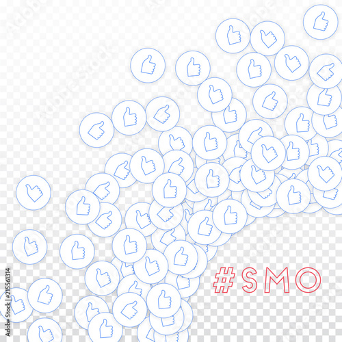 Social media icons. Smo concept. Falling scattered thumbs up. Radiant right bottom corner elements o
