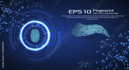 	 Abstract technology background. Cyber security concept. Finger Scan in Futuristic Style. Biometric id with Futuristic HUD Interface. Fingerprint Scanning Technology Concept Illustration