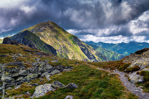 Misty mountains and hiking trail