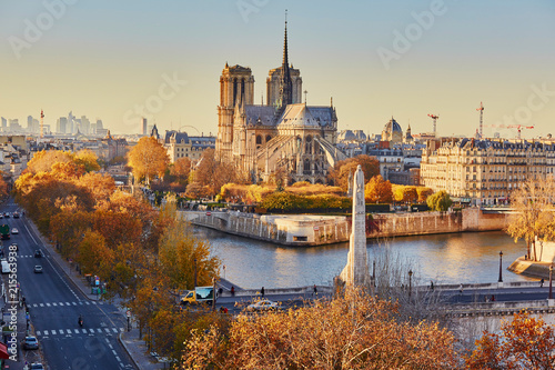 Aerial cityscape view of Paris with Notre-Dame cathedral