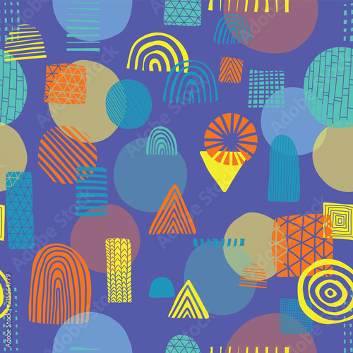 Wallpaper Mural Abstract shapes seamless vector pattern. Triangles, circles, rectangles, half circles orange, yellow, and blue on a blue background. Modern pattern design. Great for the childrens market. Kids market. Torontodigital.ca