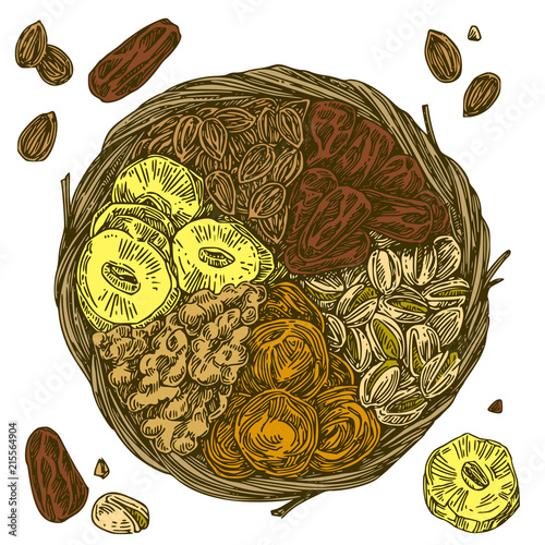Dried fruits and nuts in the basket. Color. Engraving style. Vector illustration.