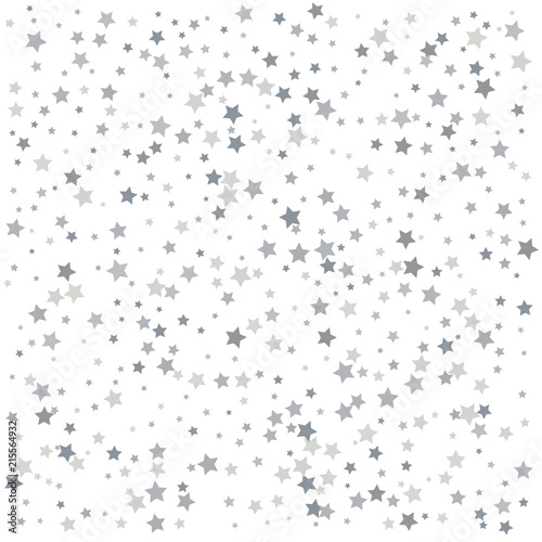 Silver falling confetti stars. Luxury festive background. Silver abstract texture on a white background. Element of design. Vector illustration