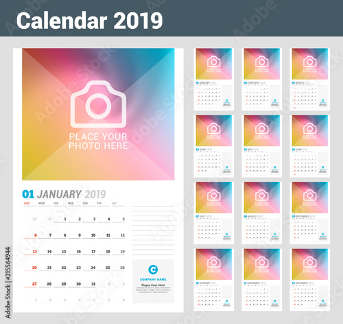 Wall calendar planner template for 2019 year. Vector design print template with place for photo. Week starts on Sunday