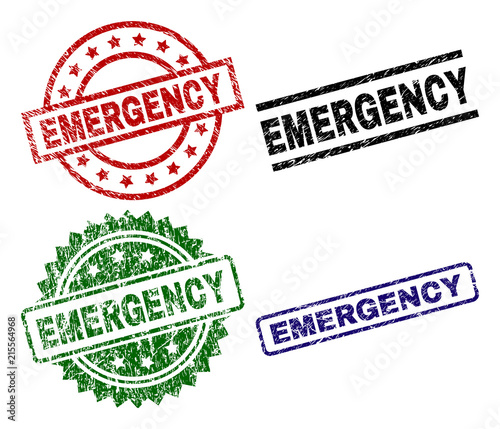 EMERGENCY seal prints with distress texture. Black, green,red,blue vector rubber prints of EMERGENCY title with scratched texture. Rubber seals with circle, rectangle, rosette shapes.