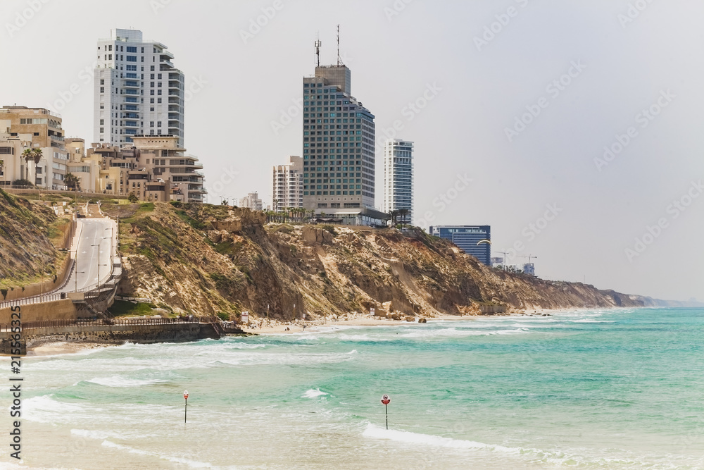 Road landscape sea beach in city Netanya Israel