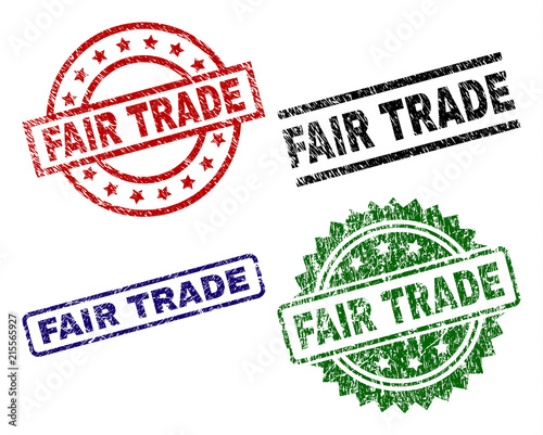 FAIR TRADE seal imprints with damaged texture. Black, green,red,blue vector rubber prints of FAIR TRADE tag with grunge texture. Rubber seals with circle, rectangle, rosette shapes.