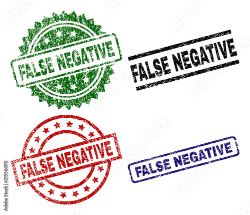 FALSE NEGATIVE seal stamps with corroded style. Black, green,red,blue vector rubber prints of FALSE NEGATIVE title with grunge style. Rubber seals with circle, rectangle, medal shapes.
