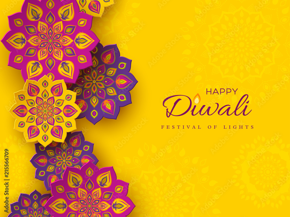 Fototapeta premium Diwali festival holiday design with paper cut style of Indian Rangoli. Purple color on yellow background, vector illustration.