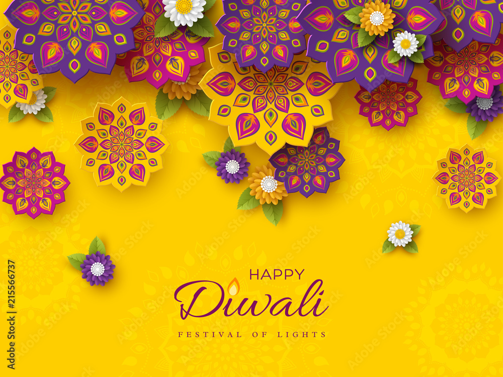 Fototapeta premium Diwali festival holiday design with paper cut style of Indian Rangoli and flowers. Purple, violet colors on yellow background, vector illustration.