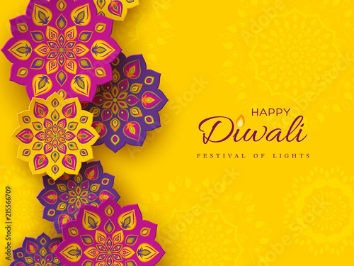 Diwali festival holiday design with paper cut style of Indian Rangoli. Purple color on yellow background, vector illustration.
