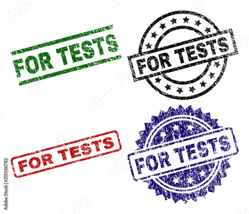 FOR TESTS seal prints with corroded surface. Black, green,red,blue vector rubber prints of FOR TESTS title with unclean surface. Rubber seals with round, rectangle, medal shapes.