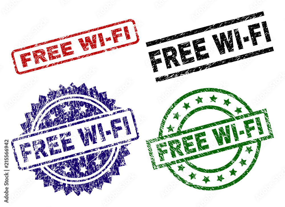 FREE WI-FI seal stamps with distress surface. Black, green,red,blue vector rubber prints of FREE WI-FI text with dirty surface. Rubber seals with round, rectangle, medal shapes. FREE WI-FI seal stamps with distress surface. Black, green,red,blue vector rubber prints of FREE WI-FI text with dirty surface. Rubber seals with round, rectangle, medal shapes.