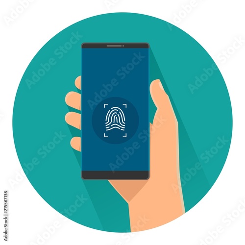 Male holding smartphone with fingerprint for access to phone on screen