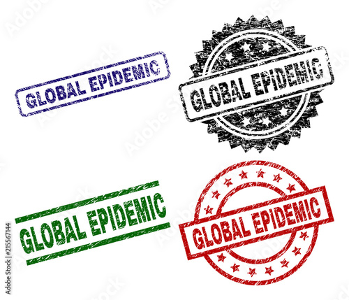 GLOBAL EPIDEMIC seal prints with damaged surface. Black, green,red,blue vector rubber prints of GLOBAL EPIDEMIC text with unclean surface. Rubber seals with round, rectangle, rosette shapes.