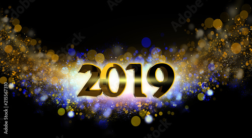 New Year 2019. New Year's poster, background with a volume inscription. 3d rendering. Dark bokeh background, magic dust, light effect, rays. Christmas tree