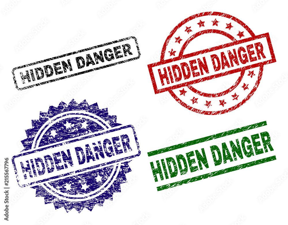 HIDDEN DANGER seal prints with damaged style. Black, green,red,blue vector rubber prints of HIDDEN DANGER title with retro style. Rubber seals with circle, rectangle, medallion shapes. HIDDEN DANGER seal prints with damaged style. Black, green,red,blue vector rubber prints of HIDDEN DANGER title with retro style. Rubber seals with circle, rectangle, medallion shapes.