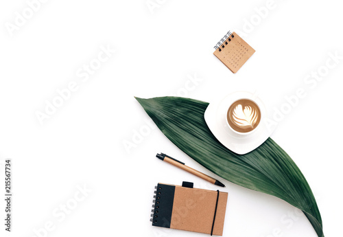 workspace flat lay photo composition for bloggers, magazines, social media and artists. Office supplies and coffee. Minimal style photo