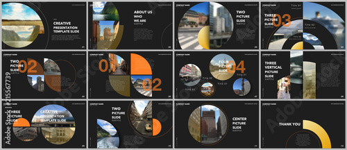 Minimal presentations design, portfolio vector templates with circle elements on black background. Multipurpose template for presentation slide, flyer leaflet, brochure cover, report, advertising.