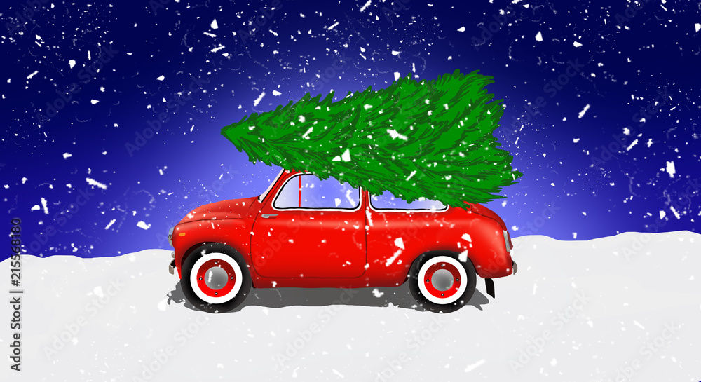 Panorama of the forest, snow, night view. A red car is driving a Christmas tree for a Christmas holiday. Winter illustration, banner. 2019