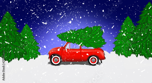 Panorama of the forest, snow, night view. A red car is driving a Christmas tree for a Christmas holiday. Winter illustration, banner. 2019