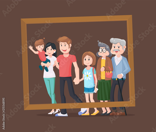 Family portrait flat design. Photo for the memory of the whole family in a wooden frame.