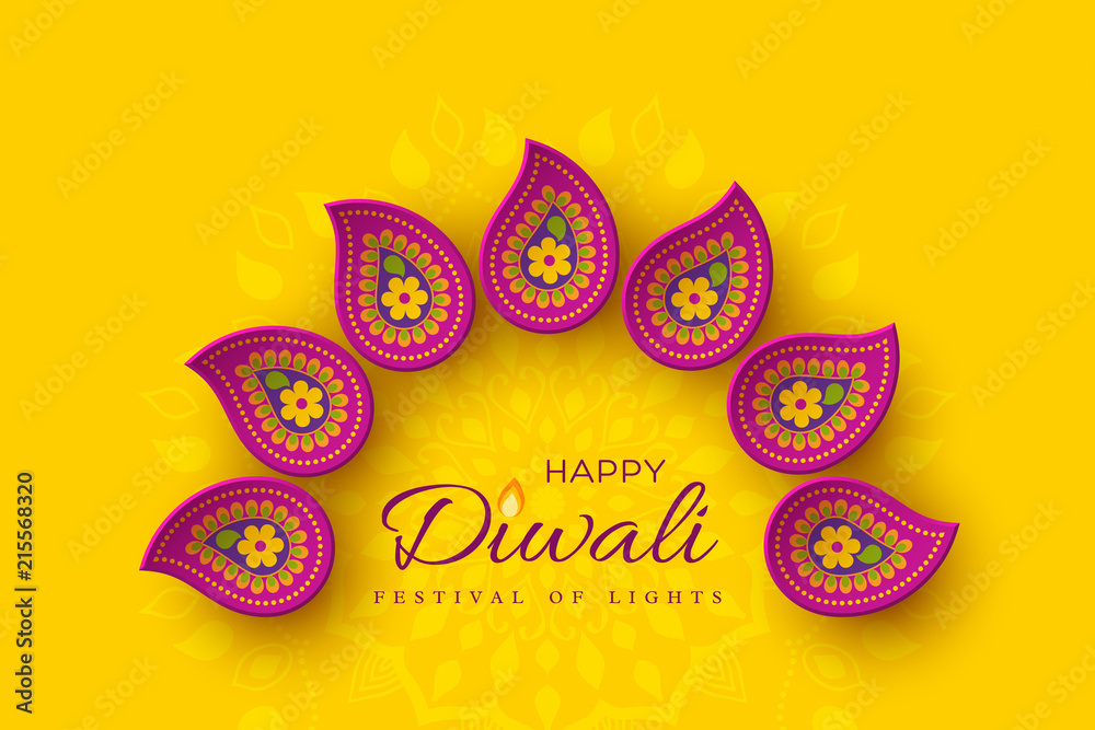 Fototapeta premium Diwali festival holiday design with paper cut style of Indian Rangoli. Purple color on yellow background, vector illustration.