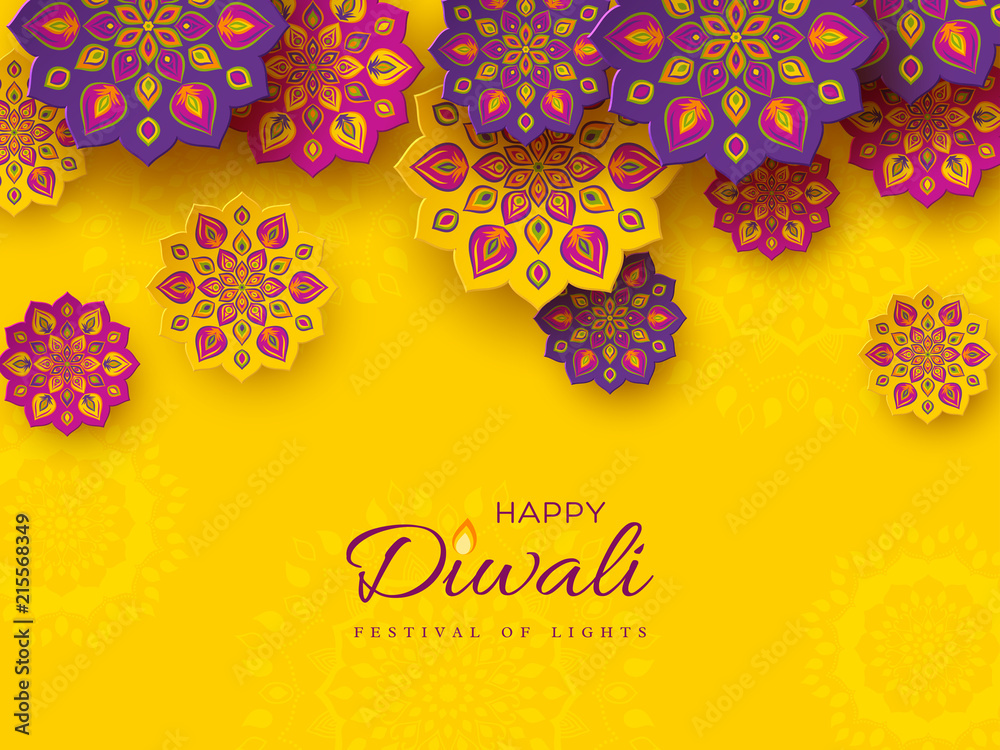 Naklejka premium Diwali festival holiday design with paper cut style of Indian Rangoli. Purple, violet color on yellow background, vector illustration.